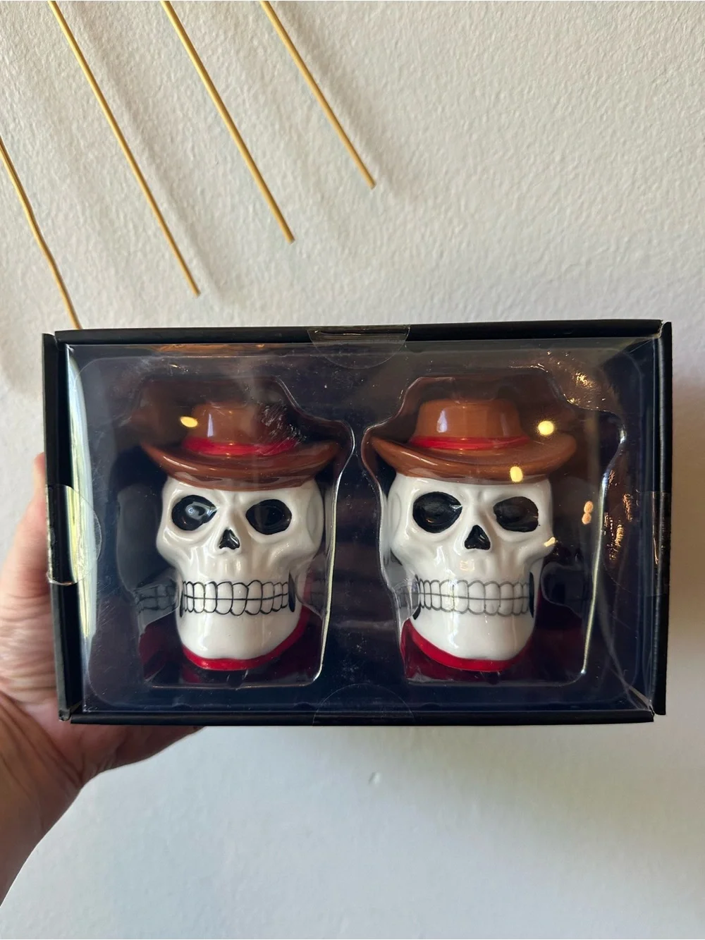 Skulls with Cowboy Hats Salt and Pepper Shaker Set White and Brown NEW in Pkg